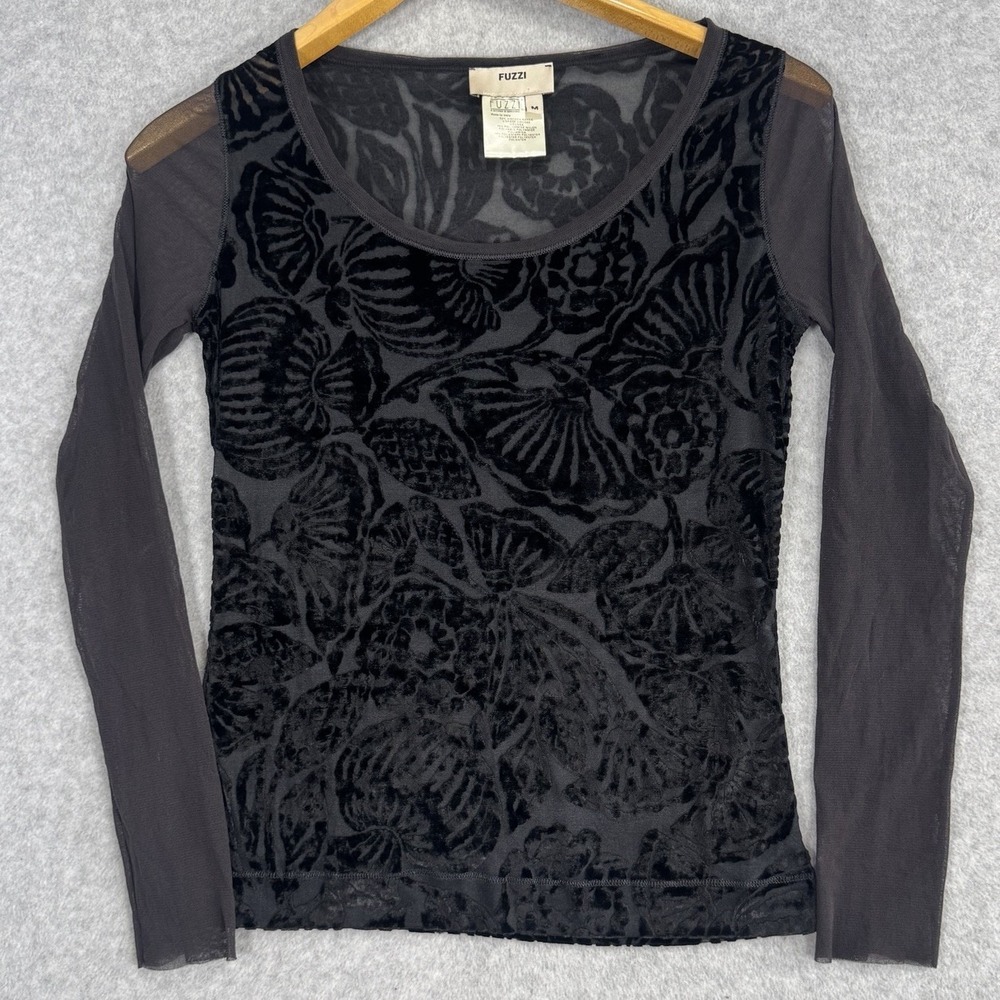 Vintage Fuzzi Jean Paul Gaultier Sheer Mesh Graphic Long Sleeve Top Sz M Velvet
